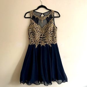 Xscape Gold & Navy Dress Sz 8